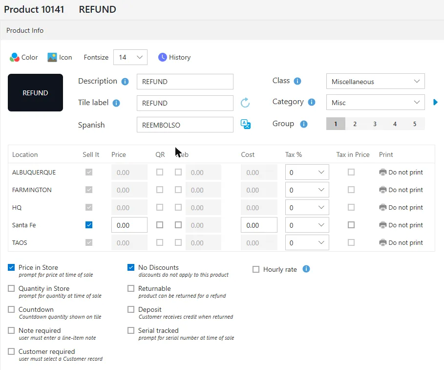 The REFUND product record in BREW POS Admin, with Color at the top left and the Category box