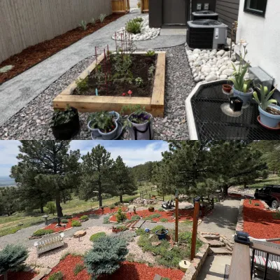 Boulder County paver walkway office entrance with neatly clipped shrubs and yellow daylilies