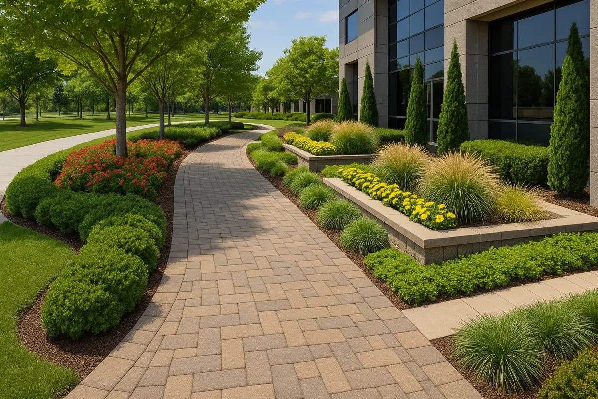 Boulder County paver walkway office entrance with neatly clipped shrubs and yellow daylilies