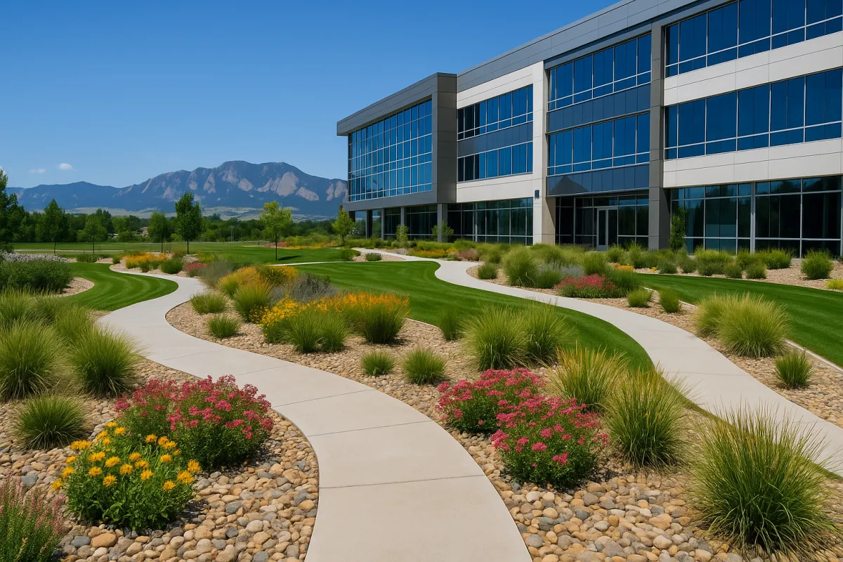 Curved paver walkway leading to office entrance with neatly clipped shrubs and yellow daylilies