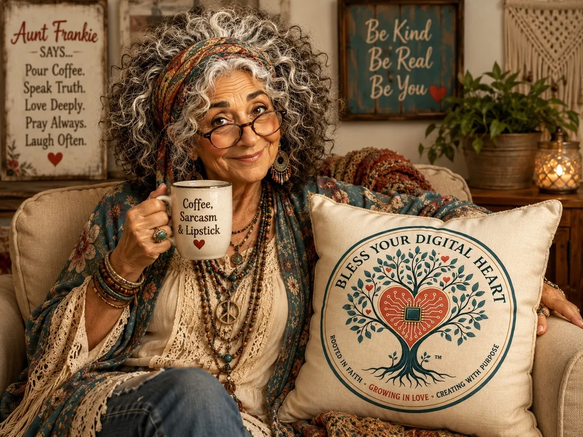 Aunt Frankie smiling with a coffee cup beside a Bless Your Digital Heart pillow