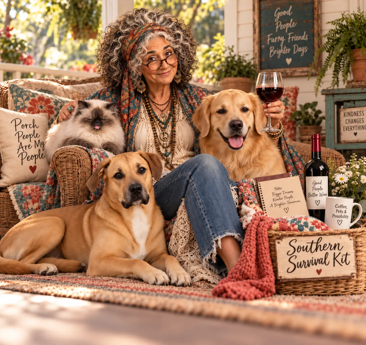 Aunt Frankie with J.J., Rodi, and Little Bit beside her Southern Survival Kit