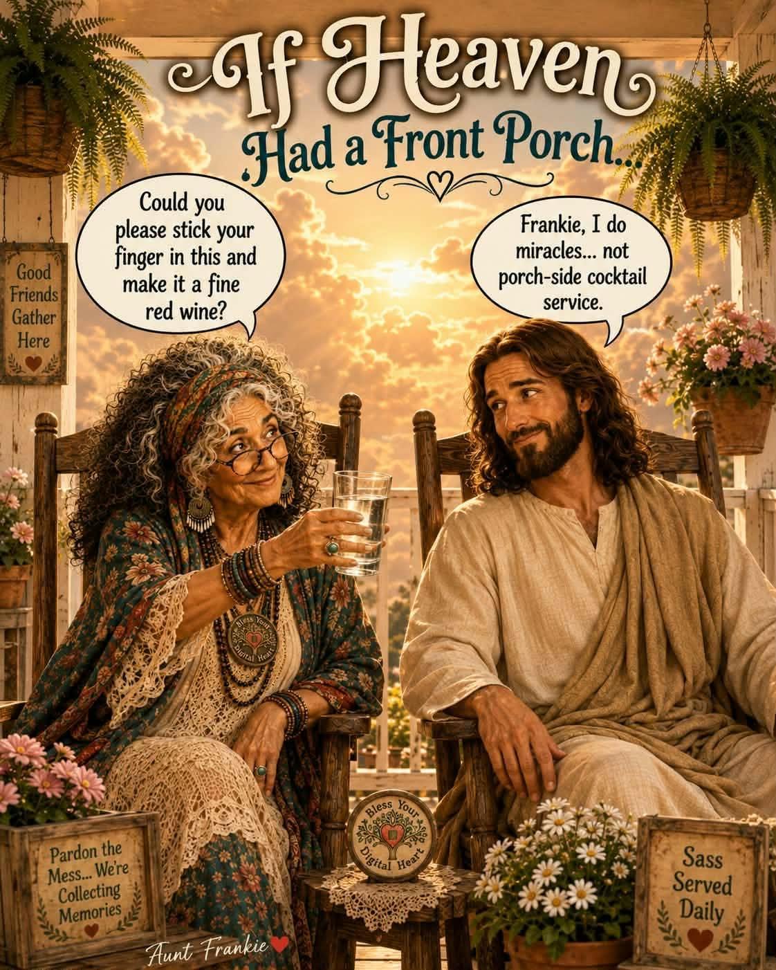 Aunt Frankie on a heavenly front porch with a friend