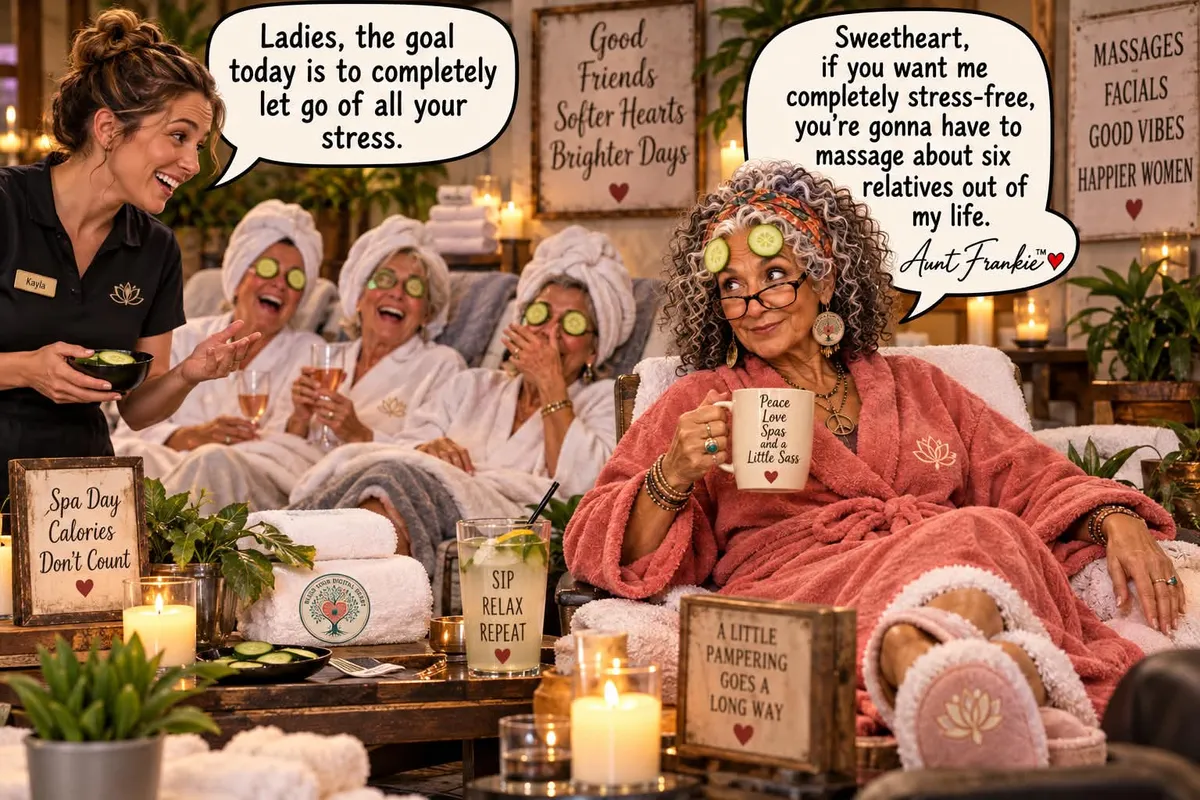 Aunt Frankie sharing a joke during a spa day with friends