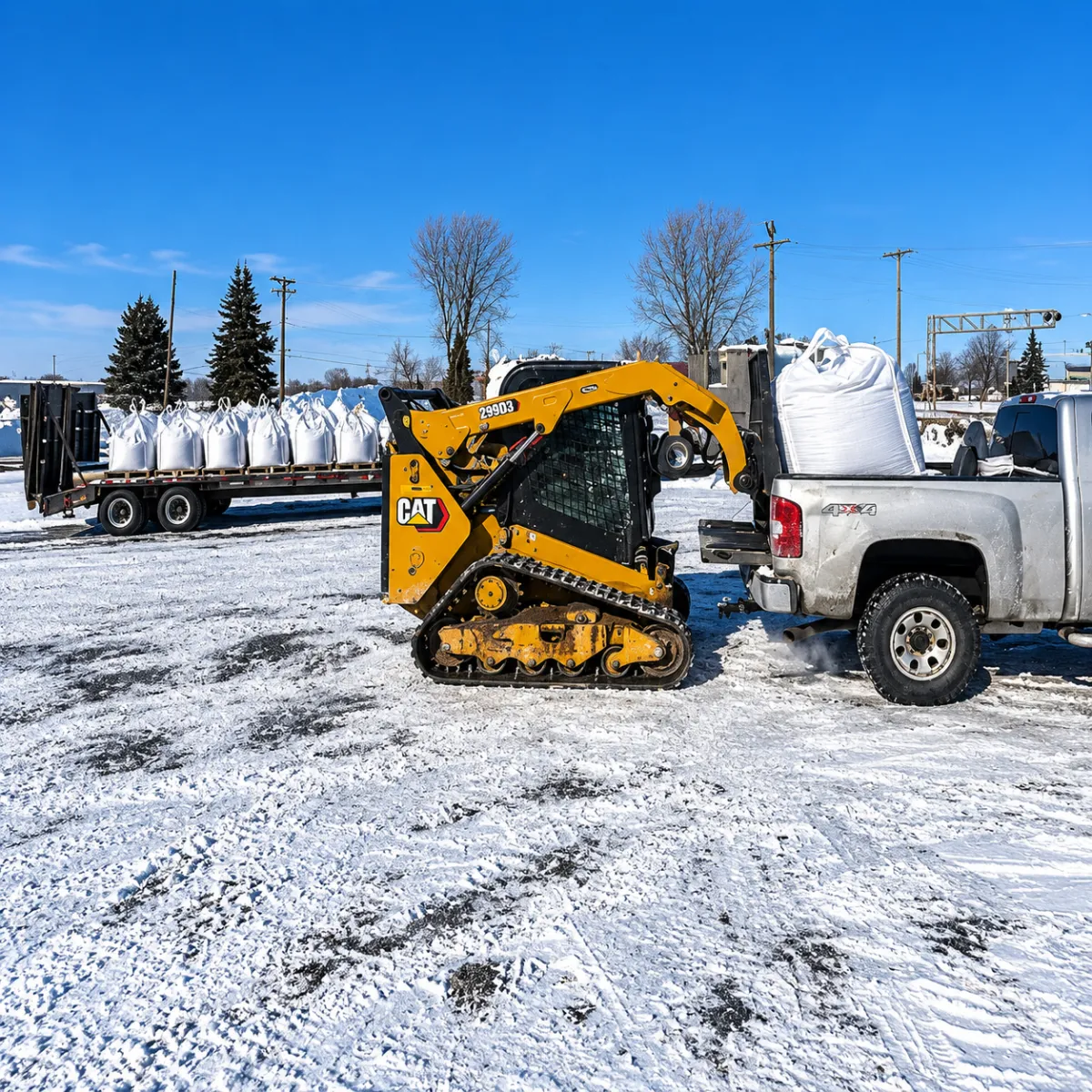 Skid steer loading a bulk ice melt super sack into a customer’s pickup truck.