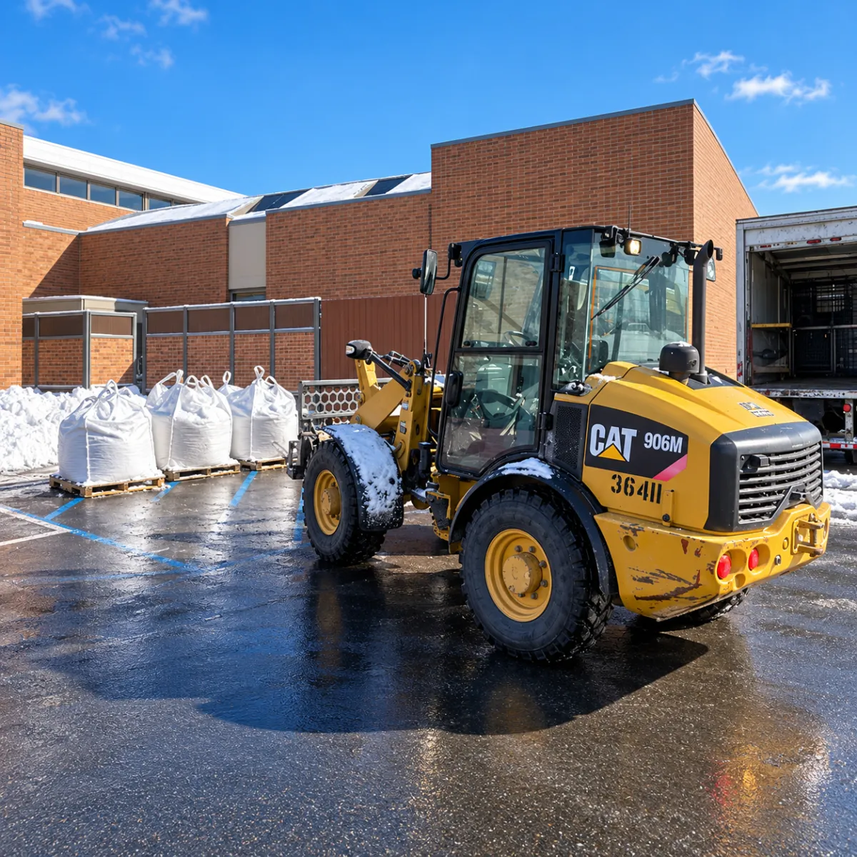 Wheel loader handling bulk ice melt super sacks for commercial snow and ice operations.