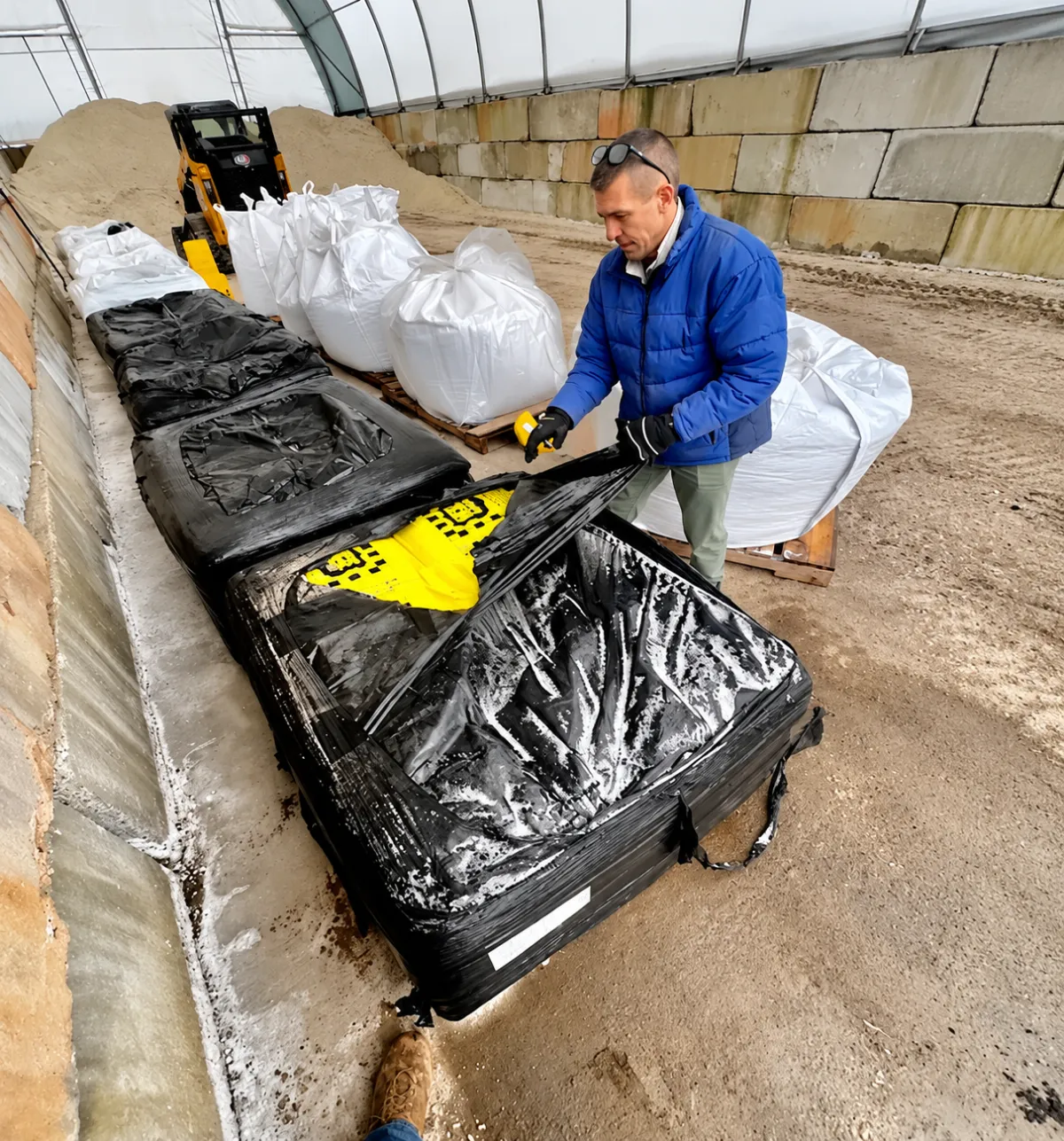 Worker inspecting packaged ice melt bags at ASR Property Services, Inc., an ice melt storage and distribution facility.