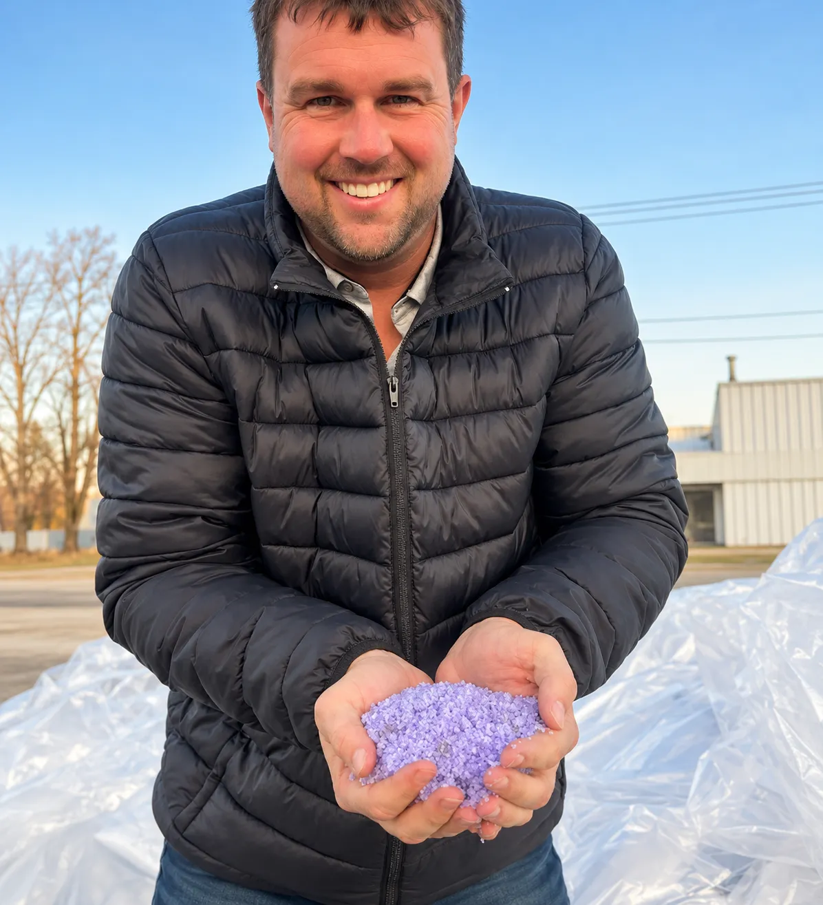 Owner holding purple EverThaw StormCore™ ice melt crystals outdoors.