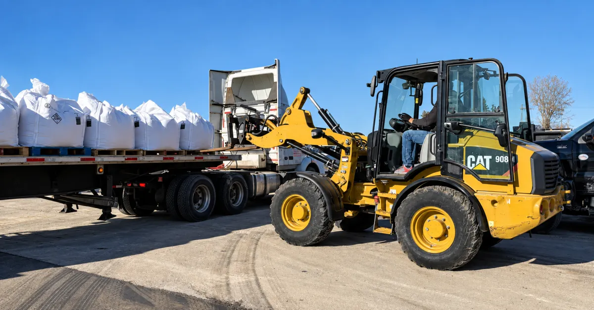 CAT 908 loader unloading bulk ice melt super sacks from a delivery truck in Appleton, Wisconsin