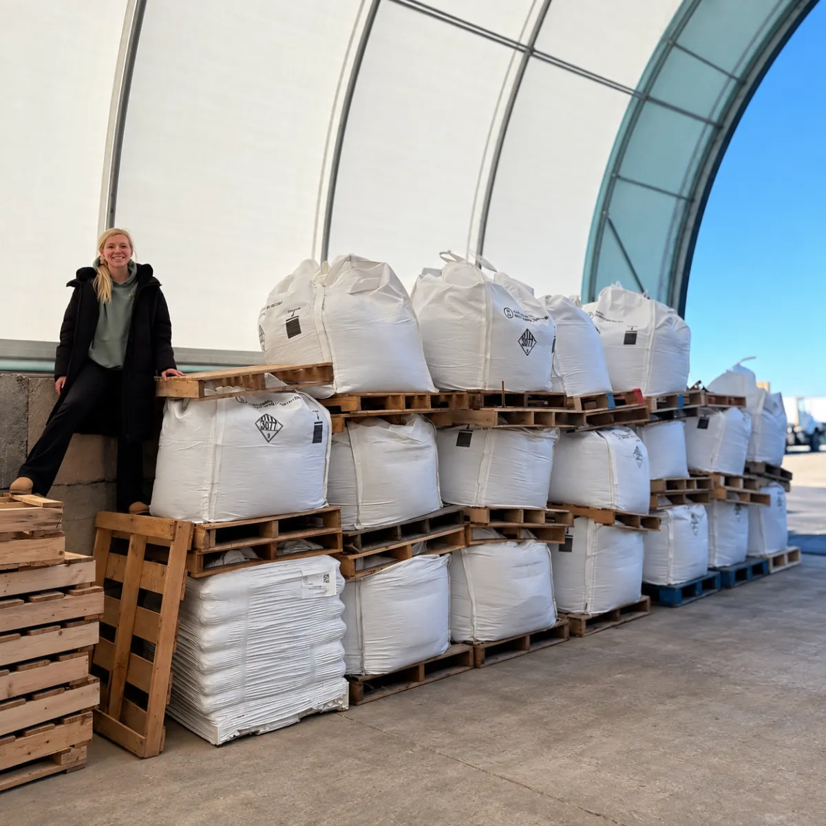 EverThaw bulk ice melt super sacks stocked on pallets at its Appleton, Wisconsin facility