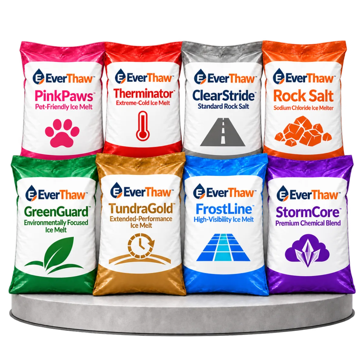 Eight EverThaw™ ice melt products displayed together, including rock salt, pet-friendly and extreme-cold options.