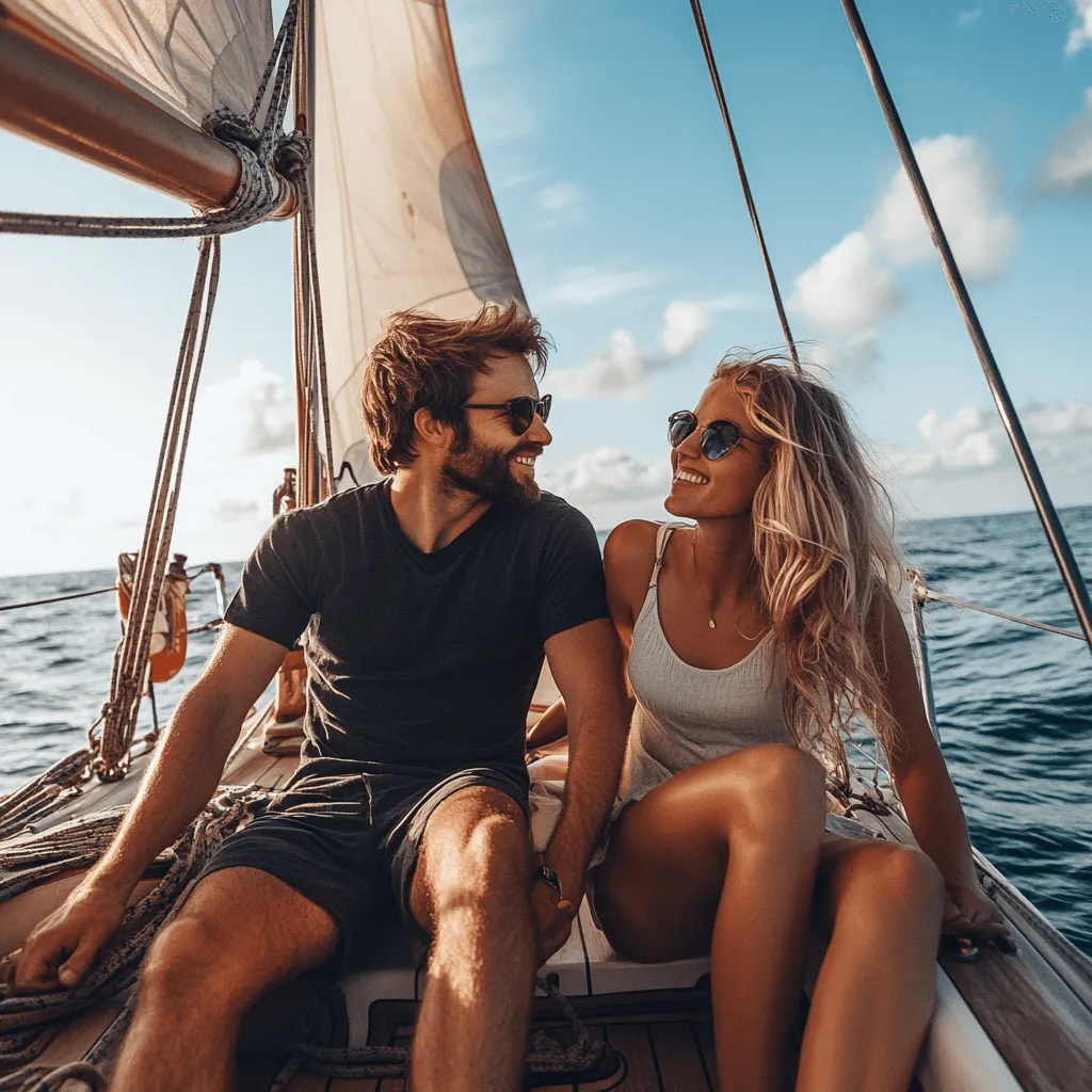healthy slim couple celebrating on a sailboat