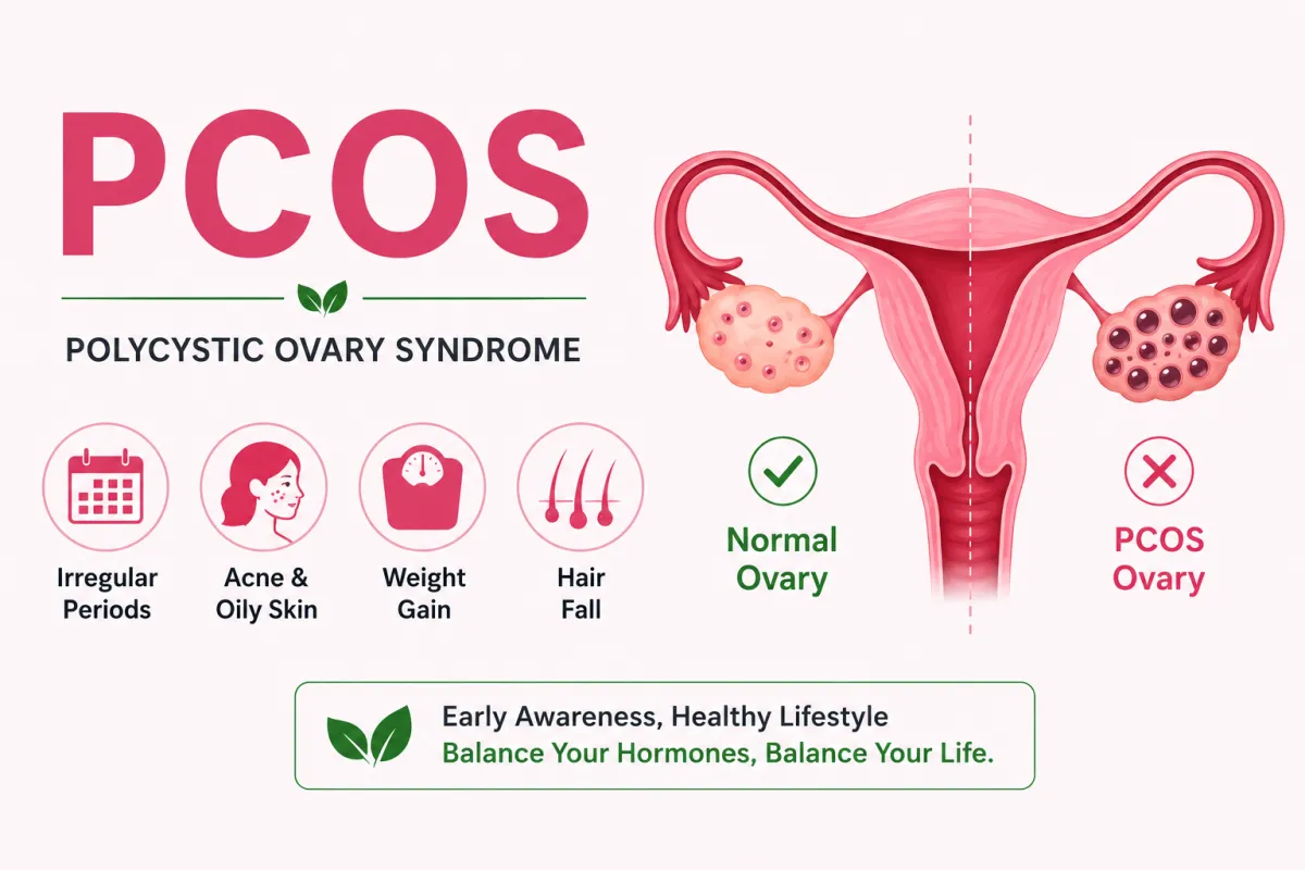 PCOS కేవలం అండాశయ సిస్టుల సమస్య కాకుండా, మొత్తం శరీరంలో మెటబాలిక్ మరియు హార్మోన్ల అసమతుల్యతను చూపించే మెడికల్ ఇన్ఫోగ్రాఫిక్