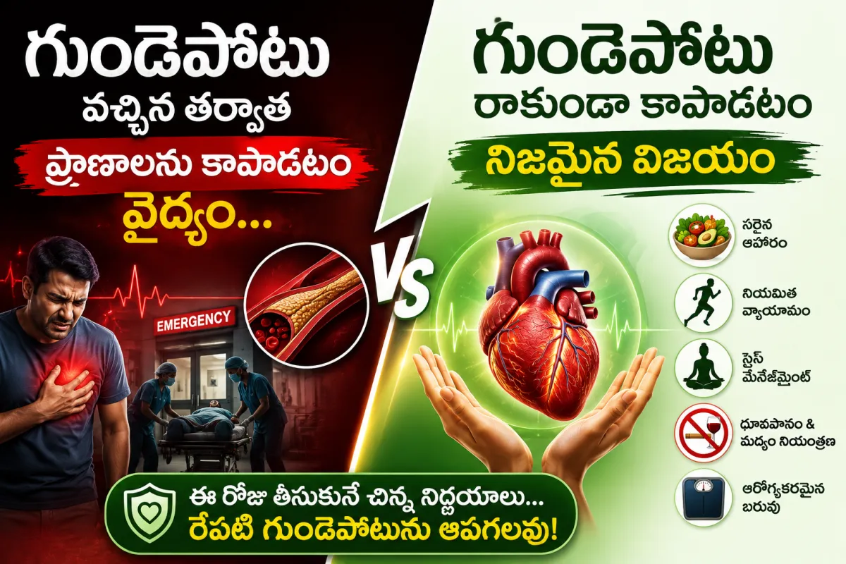 గుండెపోటు అత్యవసర చికిత్స మరియు గుండెపోటు నివారణ మధ్య తేడాను చూపించే Preventive Cardiology మెడికల్ ఇన్ఫోగ్రాఫిక్