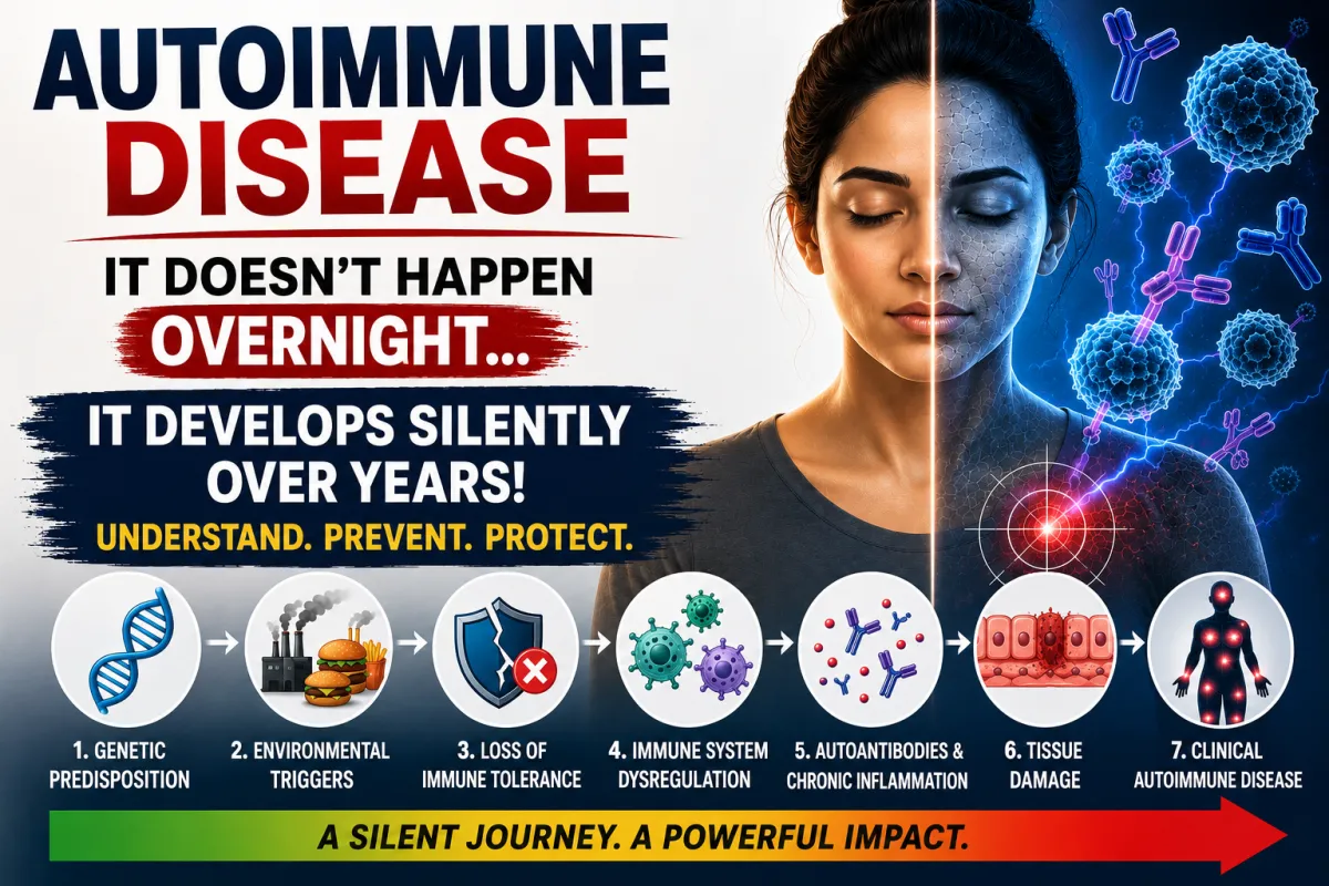 Autoimmune Disease జన్యుపరమైన ప్రభావం, పర్యావరణ కారకాలు, రోగనిరోధక వ్యవస్థ అసమతుల్యత మరియు దీర్ఘకాలిక ఇన్‌ఫ్లమేషన్ ద్వారా సంవత్సరాల పాటు ఎలా అభివృద్ధి చెందుతుందో చూపించే మెడికల్ ఇన్ఫోగ్రాఫిక్