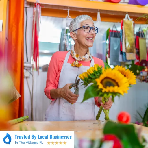 Happy Villages business owner standing confidently in front of their thriving local business after partnering with Living Logos Media for digital marketing services