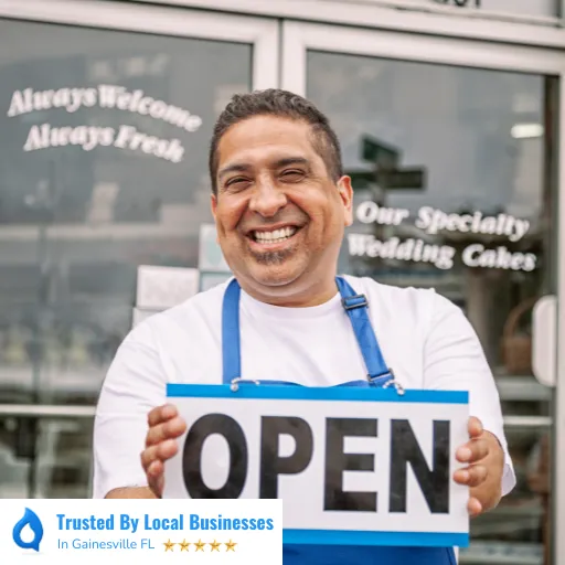 Happy Gainesville business owner standing confidently in front of their thriving local business after partnering with Living Logos Media for digital marketing services