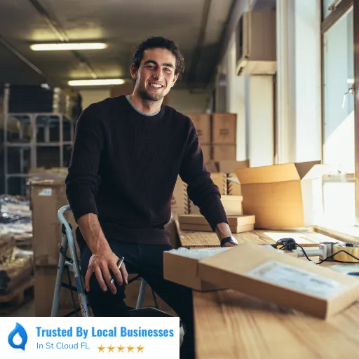 Happy St Cloud business owner sitting confidently inside of their thriving local business after partnering with Living Logos Media for digital marketing services