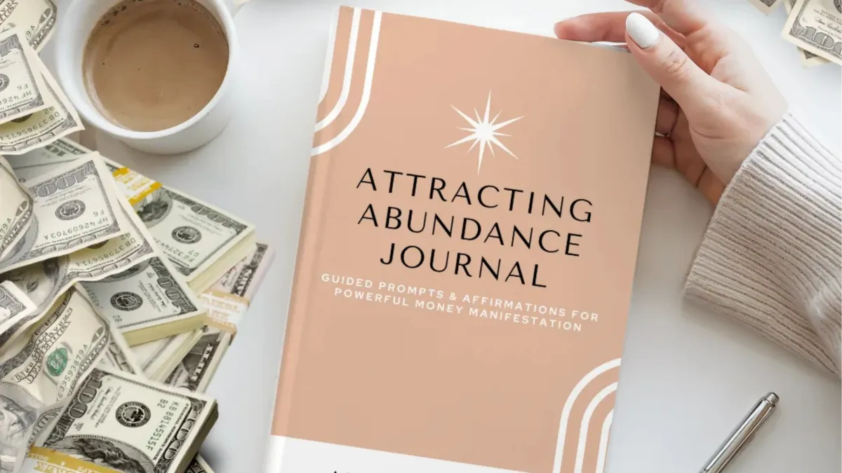 Image is of the Attracting Abundance Journal, alongside money and cup of coffee.