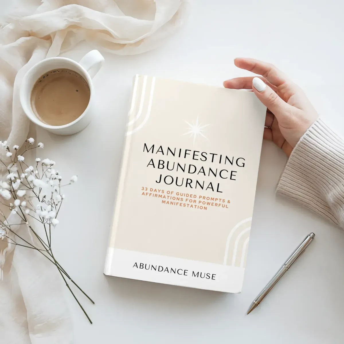 Flat lay of Manifesting Abundance Journal with coffee, flowers, and pen