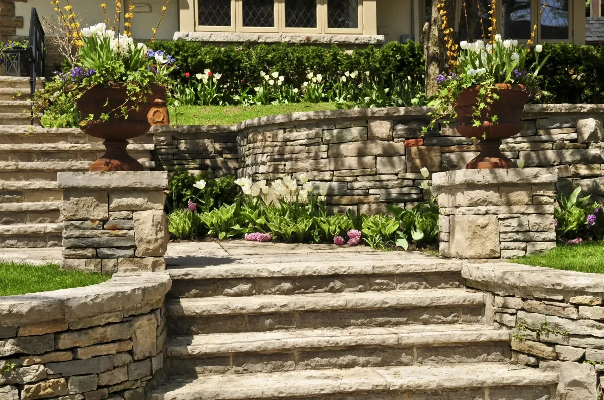 Stone retaining wall and garden landscaping by West Linn Concrete in West Linn OR.