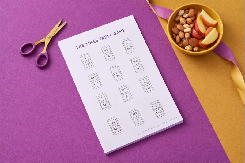 Photographic style image of colorful times tables cards and playful math manipulatives on a desk