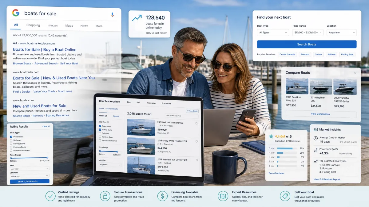 A couple at a marina using a laptop and smartphone to browse boat listings online, surrounded by digital overlays showing a Google search for 'boats for sale,' a boat marketplace with filters and comparison tools, and market insight data.