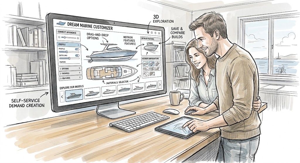 Couple stand in front of a computer building a boat on a website