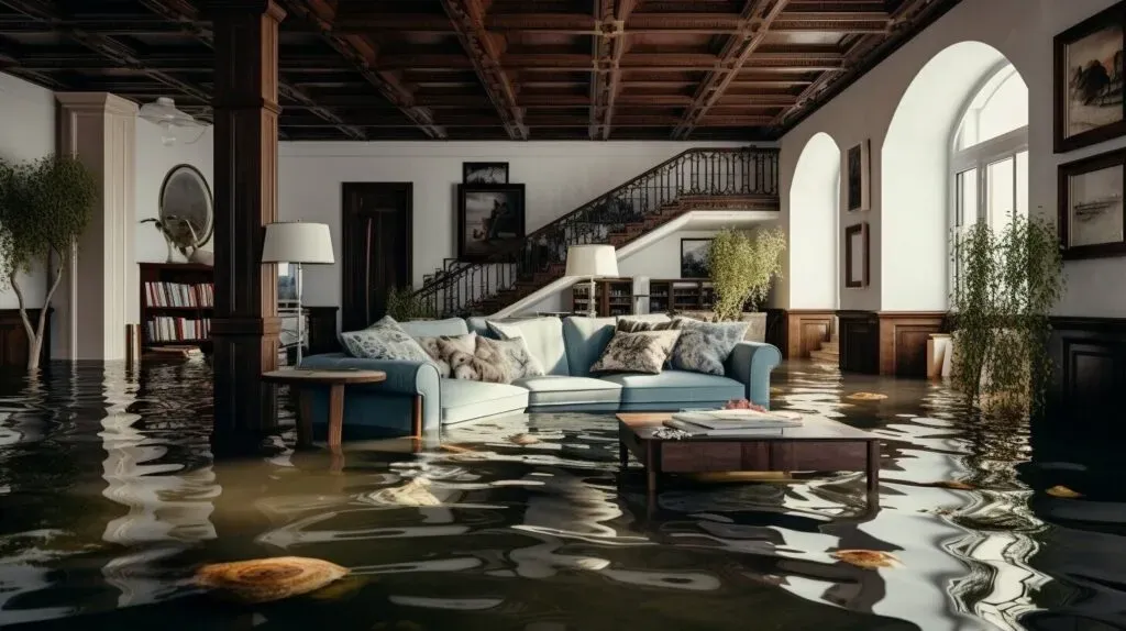 a wrecked living room with lots of water damage