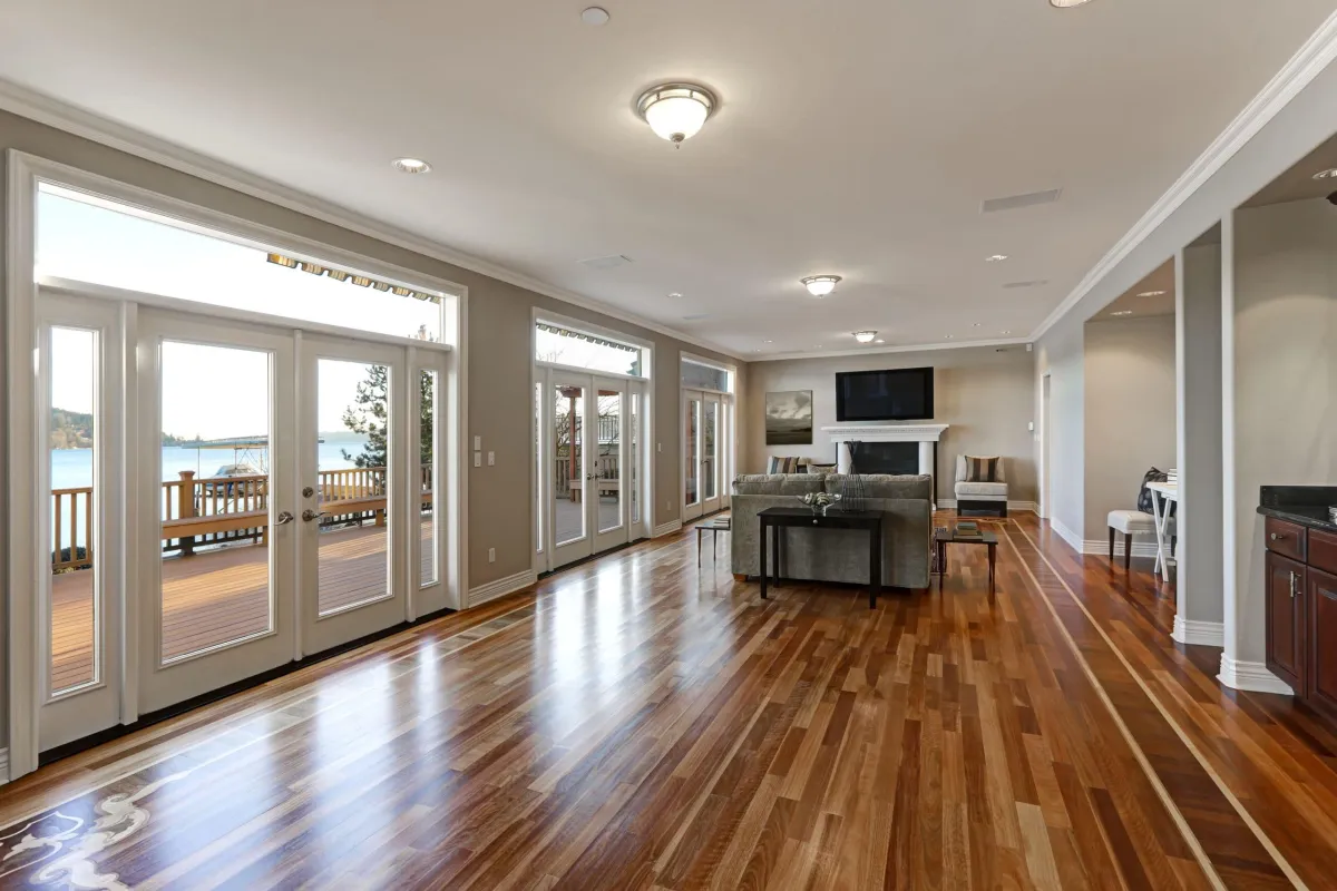 a room with glass doors and windows