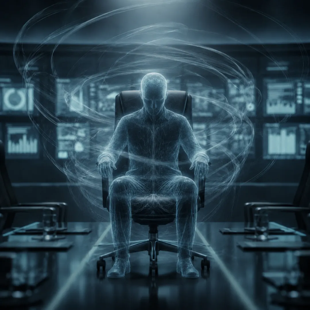 A symbolic executive chair in a dim boardroom, with a faint human silhouette and pressure-like energy suggesting the hidden cost of high-performance leadership.