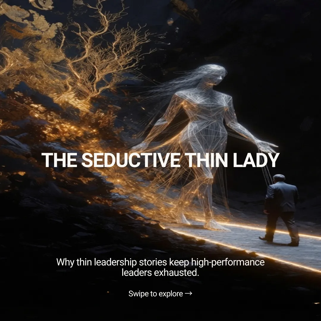 "A cinematic square image showing an elegant, glowing geometric female figure — the Seductive Thin Lady — made of silver and golden straight lines. She reaches out invitingly while gently leading a modern executive in a suit along a perfectly straight luminous path. On the left side, rich organic golden branching threads and constellations of light represent thick, alive stories and wonder. Dark moody background with dramatic lighting and elegant gold text at the bottom that reads 'The Seductive Thin Lady'."