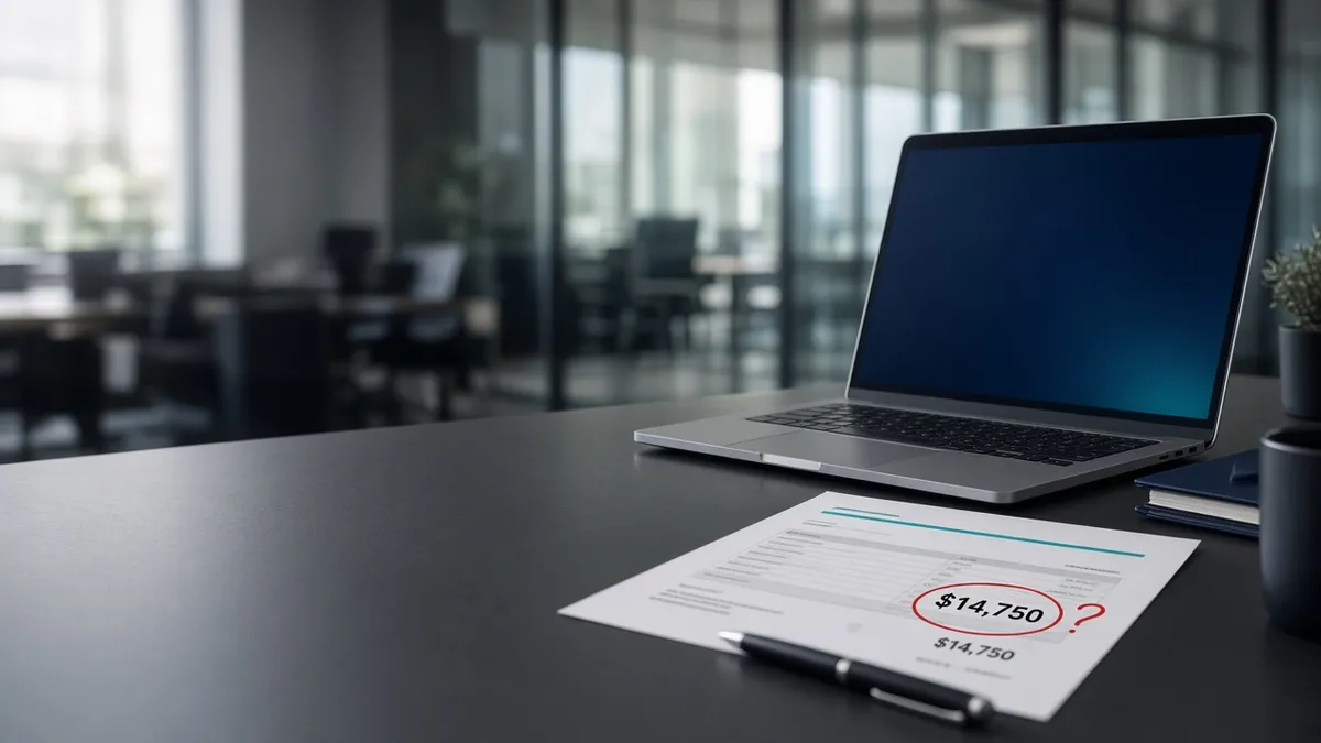 Laptop on an office desk beside an IT hardware quote with the price circled in red
