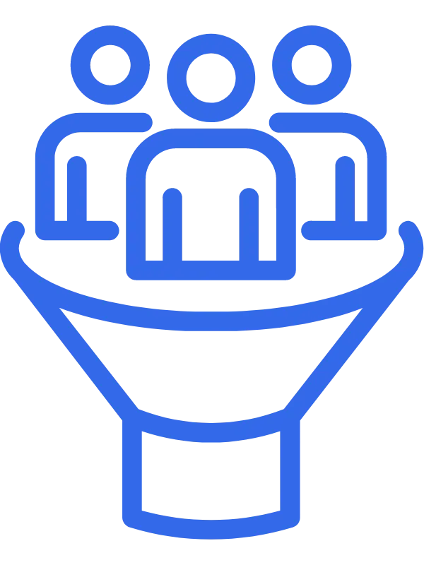 Icon of the outline of a funnel with three people in the top. 