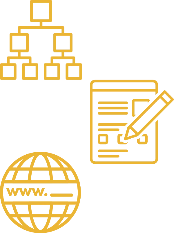 There are 3 large icons. Each is a yellow outline of different things. One is  hierarchy of boxes, one is a piece of paper with a pencil., and the third is of a globe with "www" in the middle.