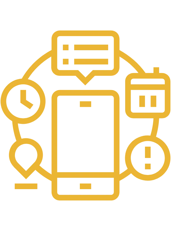 Yellow outline of a mobile phone with 5 other icons around it. 