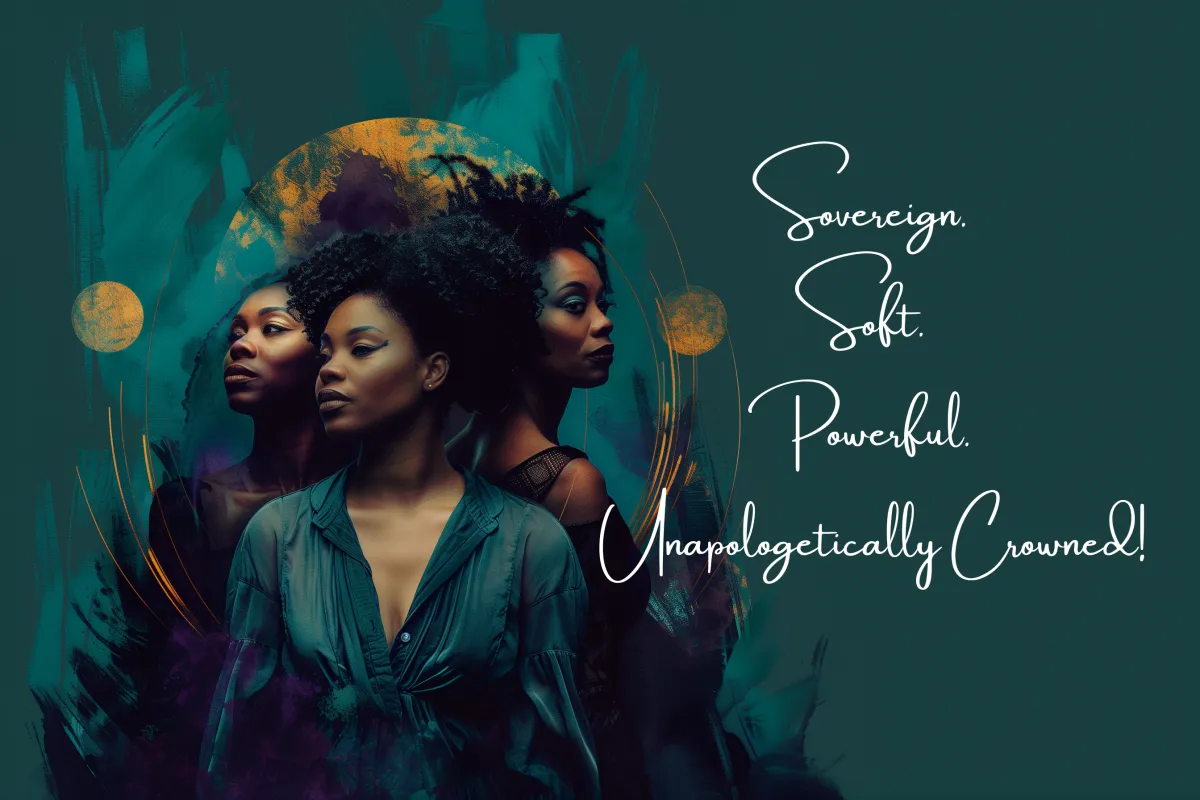 Three elegant Black women with natural hair in teal and gold artwork representing empowerment, beauty, and sisterhood — The Colour of Beautiful brand image for courses, films, and self-esteem programs for dark-skinned women.