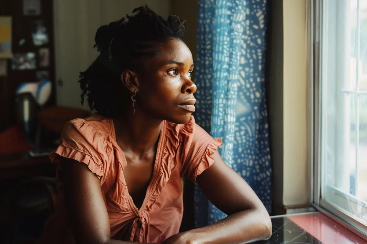 Black Caribbean woman sitting in quiet contemplation — DepthWorks Psychiatry Virginia telehealth