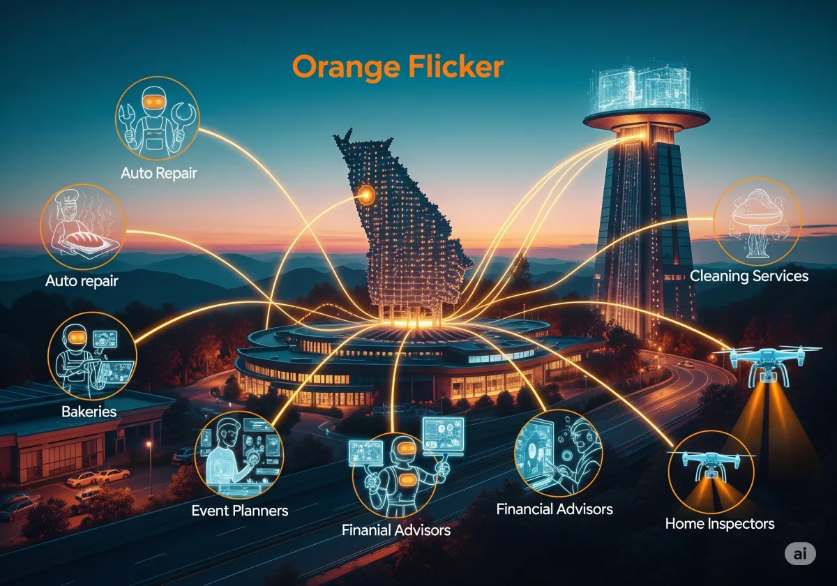 Orange Flicker's slick marketing automation funnel, visually representing efficient lead capture and conversion, georgia, ai, business, auo repair, plumber, HVAC, Electric, home inspectors, accountants,cleaning servies