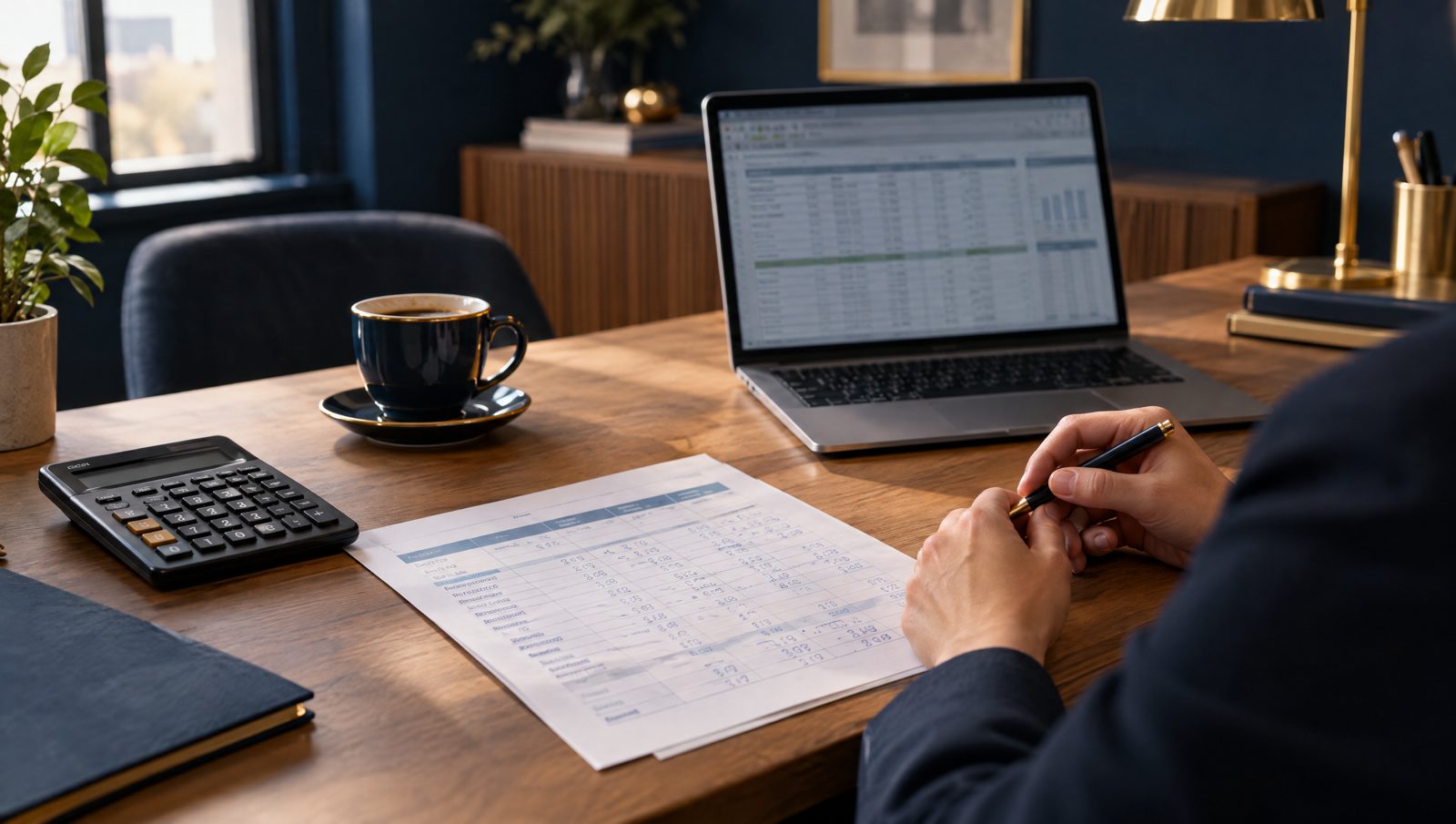 Mâinile unui antreprenor completând un tabel de cash-flow săptămânal pe birou, lângă un laptop și un calculator
