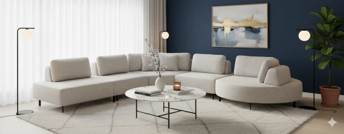 Sofá de 5 lugares em linho para sala de estar sofisticada.