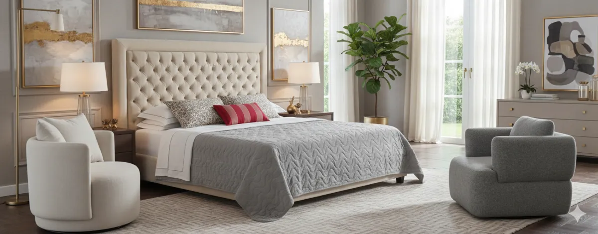 Quarto decorado com cama de casal cabeceira estofada e móveis de primeira linha M.Art na Estrada do Galeão.