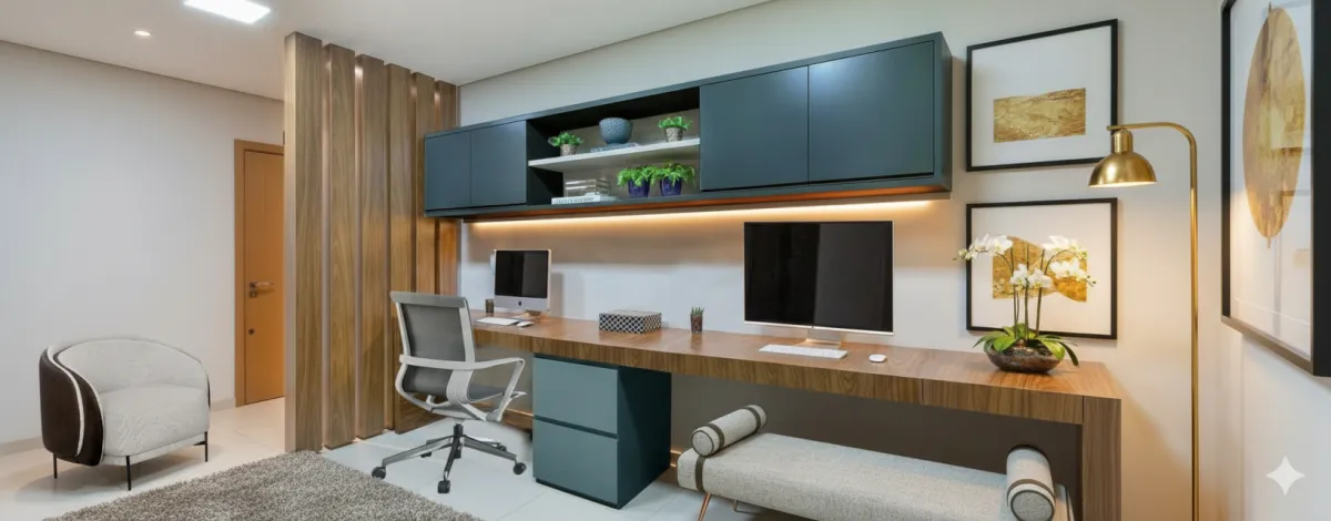 Planejado Ambiente de home office com escrivaninha moderna e cadeira de escritório ergonômica M.Art Móveis.