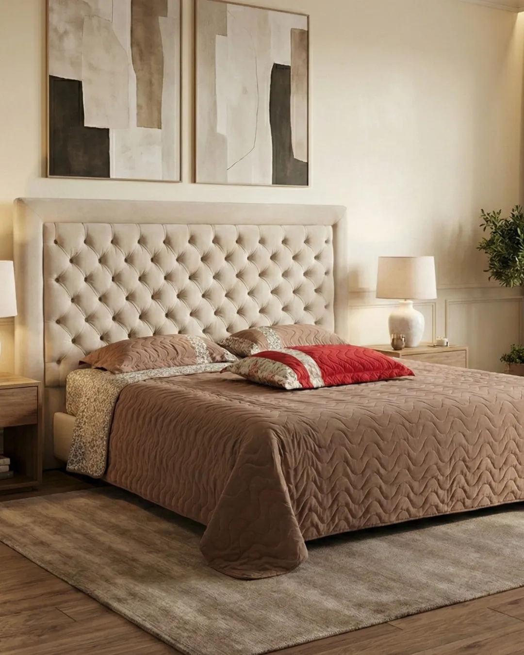 Quarto decorado com cama de casal cabeceira estofada e móveis de primeira linha M.Art.