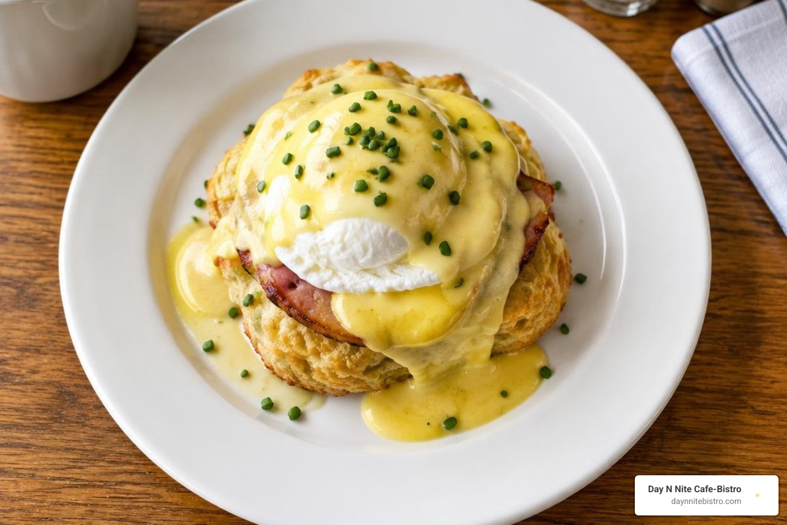 buttermilk biscuit benedict with poached egg and sauce