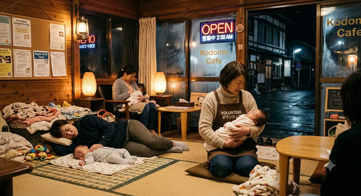 nterior de un yonakigoya en Japón, un refugio nocturno donde madres con bebés reciben apoyo, descanso y acompañamiento durante la crianza.