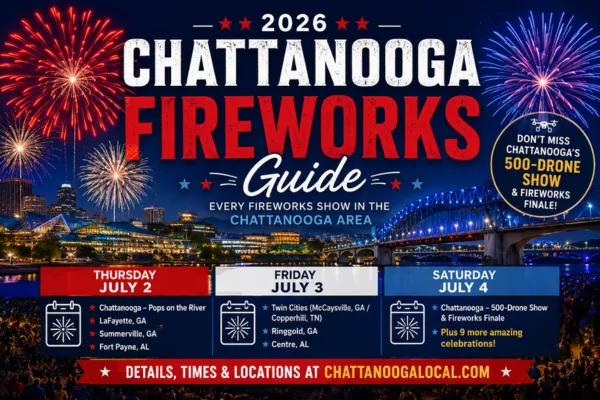 2026 Chattanooga Area Fireworks Guide featuring Fourth of July fireworks shows, locations, and times from July 2 through July 4 in Chattanooga, Tennessee.