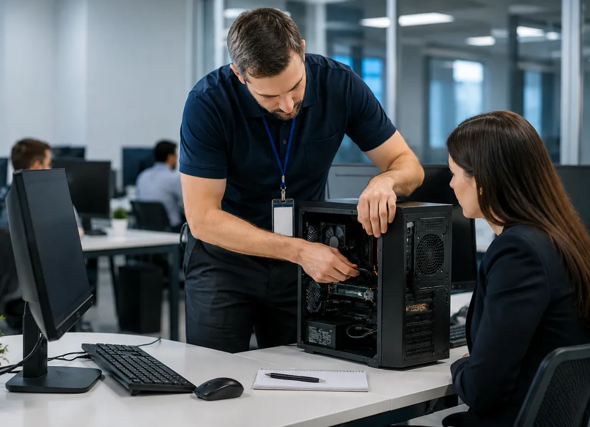 IT security technician providing on-site support, troubleshooting systems, and securing business technology infrastructure