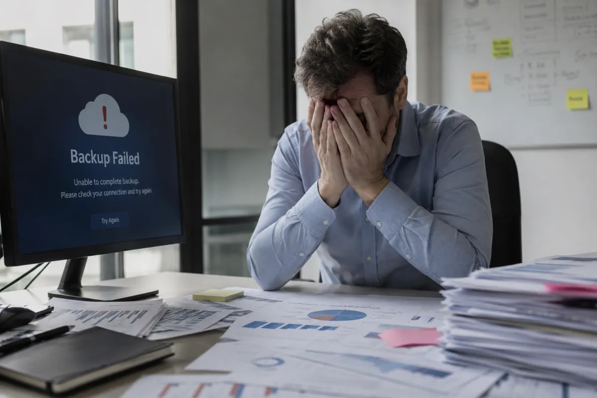 Business data backup system highlighting the importance of reliable backups, data recovery, and protection against data loss
