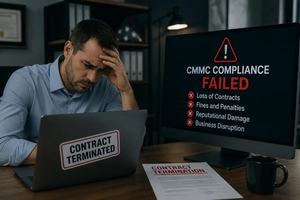 CMMC compliance risks highlighting potential contract losses, penalties, and cybersecurity costs for defense contractors who miss requirements